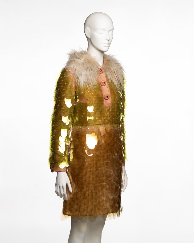 Prada Faux Fur Collar Plastic Pailette Embroidered Cocktail Dress, FW 2011  For Sale at 1stDibs