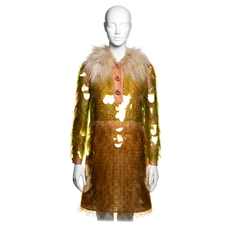sachin and babi light blue dress Prada Faux Fur Collar Plastic Pailette Embroidered Cocktail Dress, FW 2011  For Sale at 1stDibs