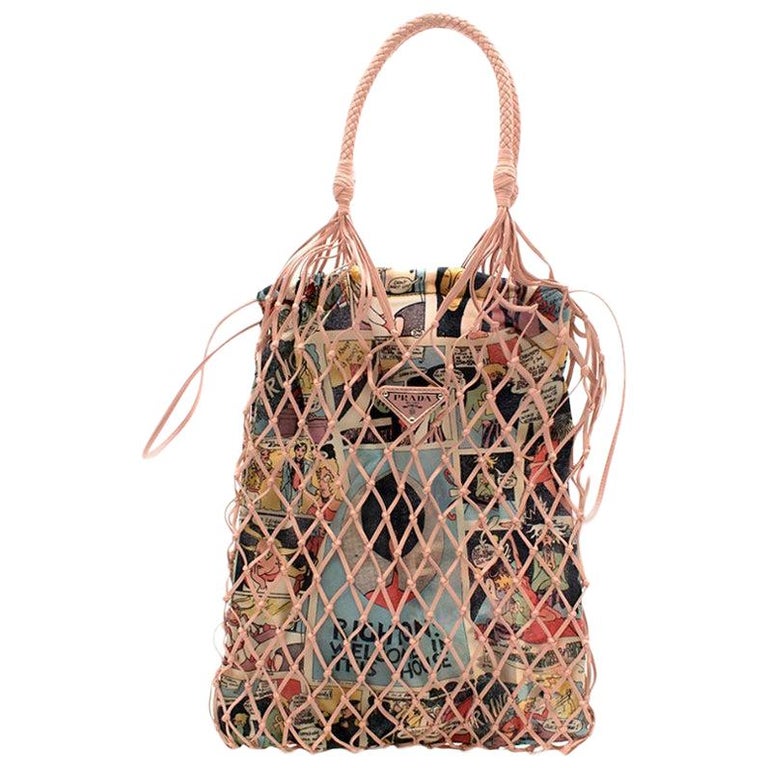 Large Leather Trimmed Mesh Tote in Black - Prada