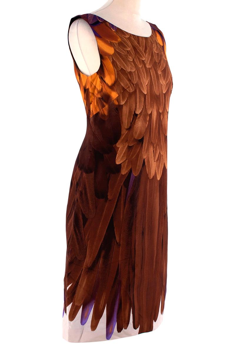  Prada Feather Print Silk Shift Dress
 

 - Iconic feather print, produced as part of SS05 collections and seen throughout the season
 - Brown based feather print fading to tones of purple, and edged in white 
 - Simple shift shape, with scoop neck,