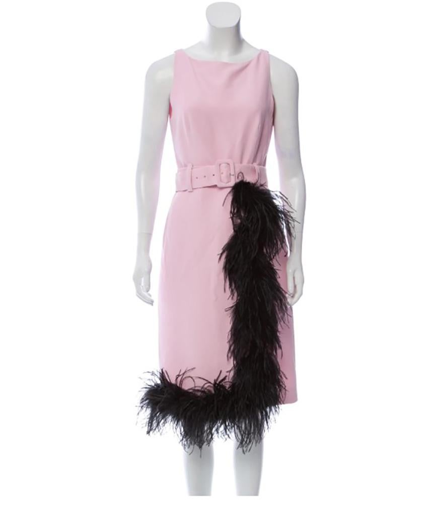 PRADA 

2019 Prada collection
Pink crepe tank dress with pink feather trim
Detatched self belt at waist
Center back vent and center back zip

Content:  100% Viscose

Brand new, with tags! 
 
PLEASE VISIT OUR STORE FOR MORE GREAT ITEMS


os