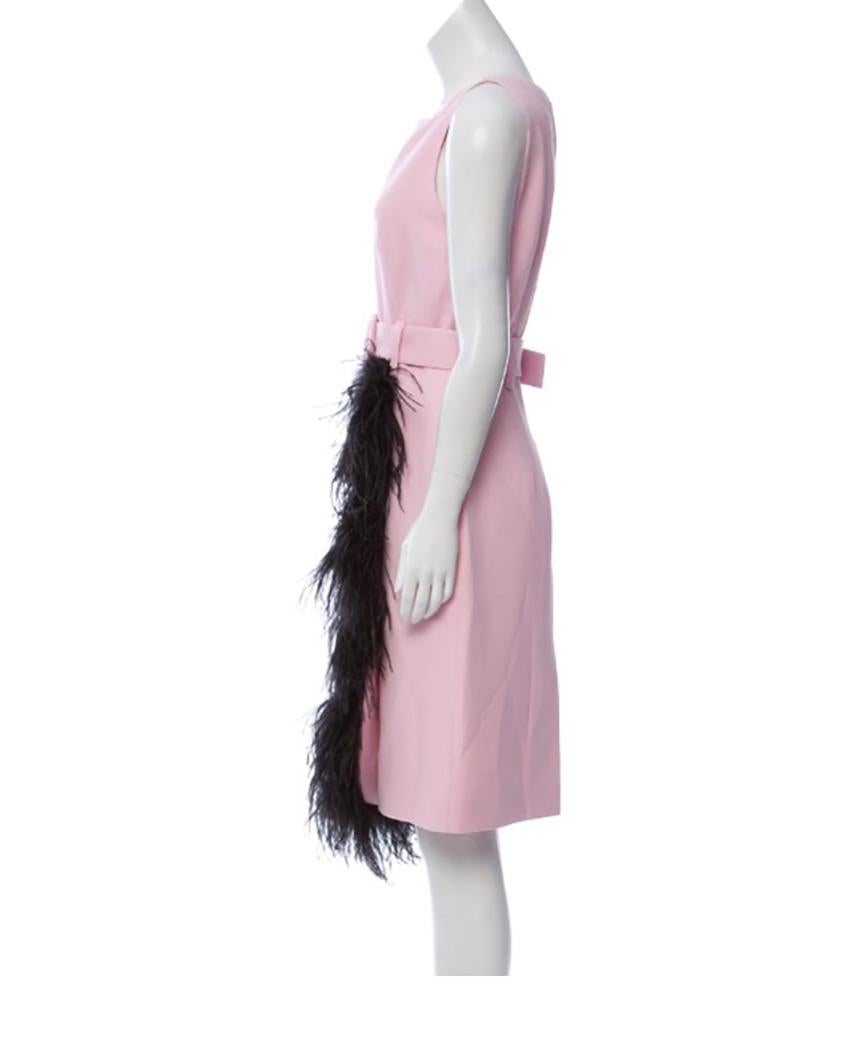 PRADA FEATHER TRIMMED PINK COCTAIL DRESS Sz IT 42 In New Condition In Montgomery, TX