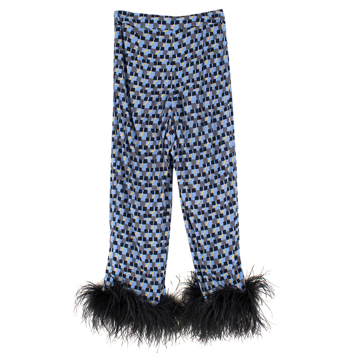 Prada Feather-Trimmed Printed Crepe De Chine Pants

-  High-rise waist and straight-leg silhouette 
- Multi-colored Crepe de Chine in Blue, Black and Yellow Print Pattern  
- Black feathers at the cuffs (Ostrich)
- Concealed hook and zip fastening