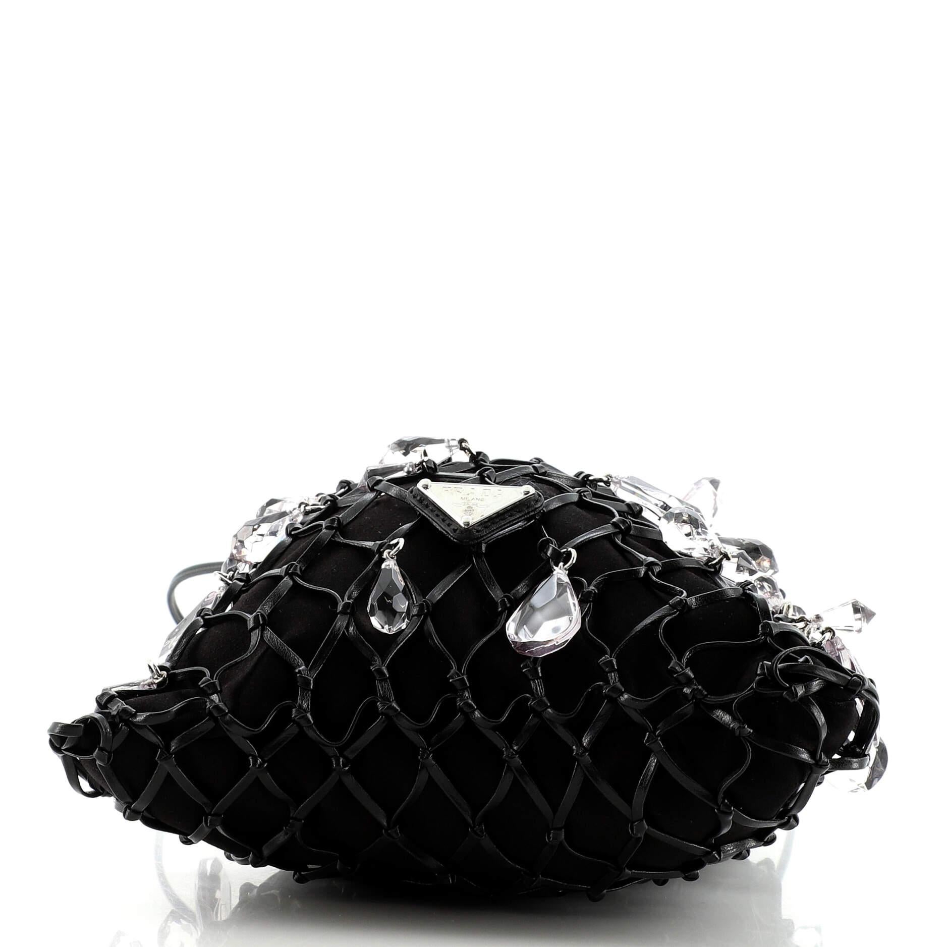 Black Prada Fishnet Chain Crossbody Bag Woven Leather and Satin with Crystals