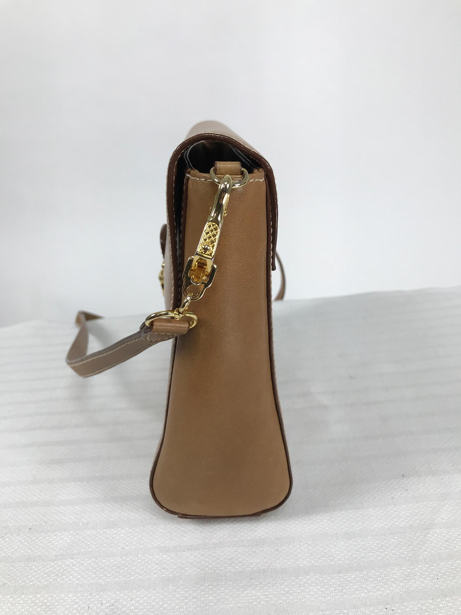 Prada Flap Front Saddle Tan Leather Shoulder Bag Gold Hardware In Good Condition In West Palm Beach, FL