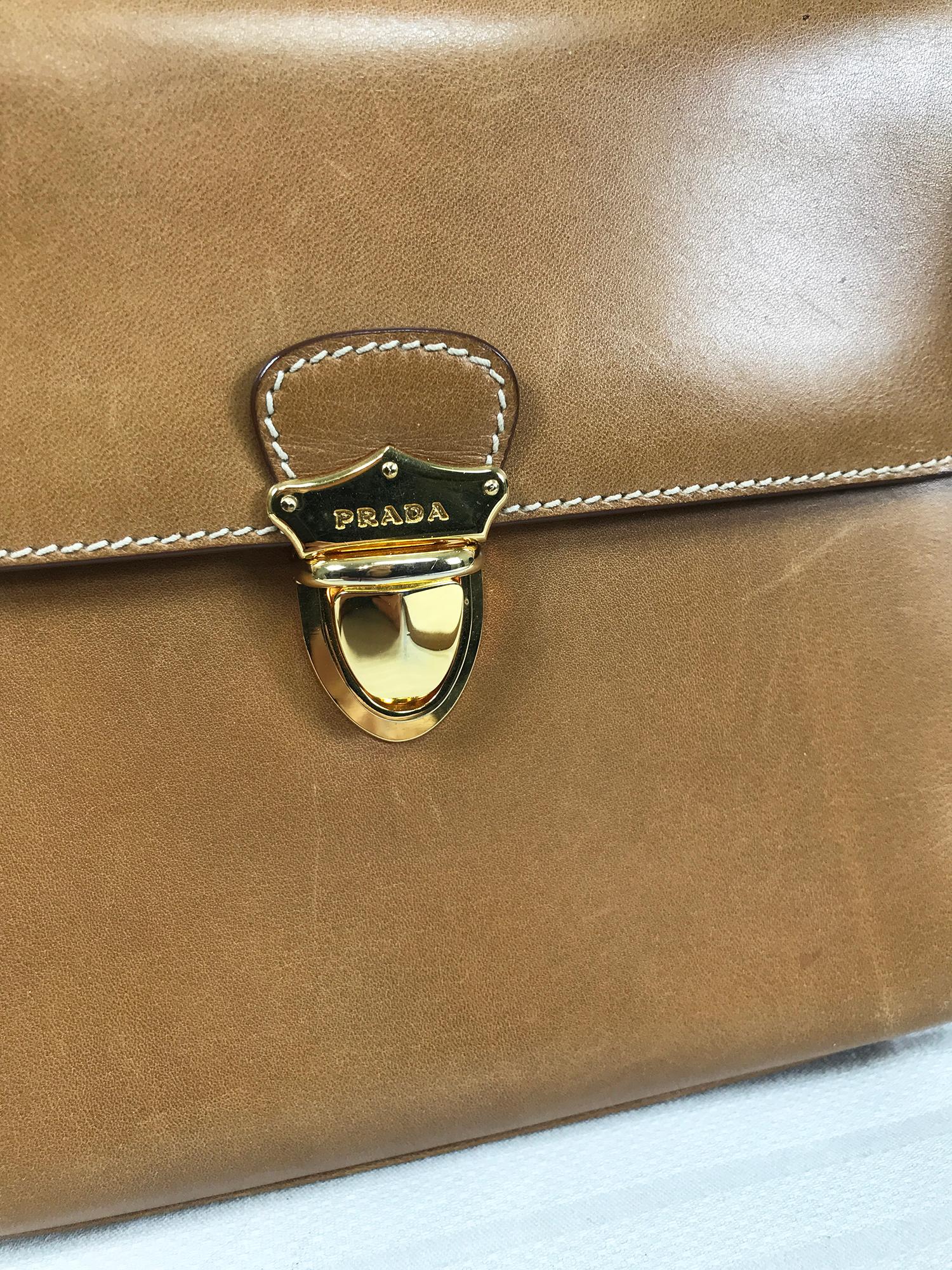 Prada Flap Front Saddle Tan Leather Shoulder Bag Gold Hardware 1