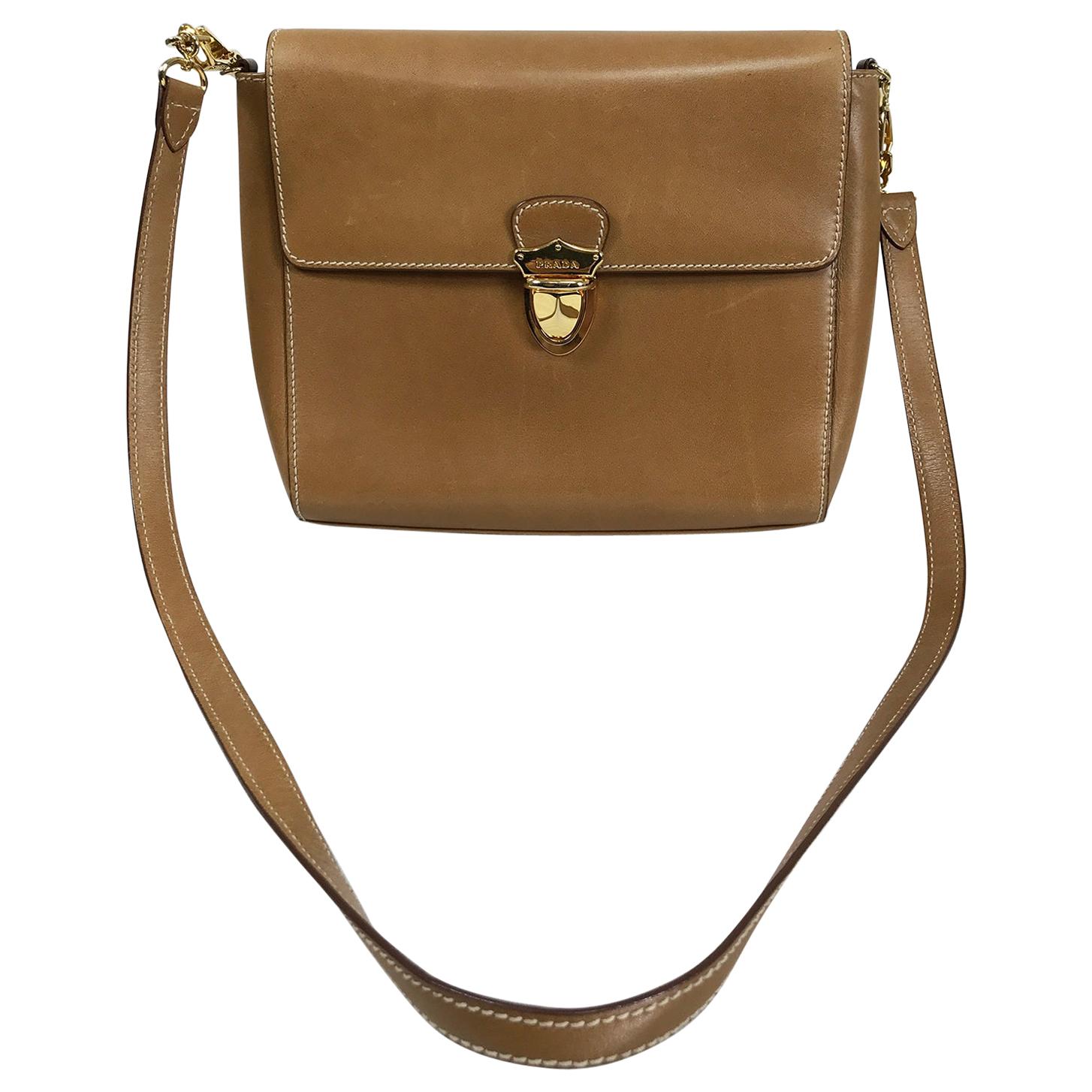 Prada Flap Front Saddle Tan Leather Shoulder Bag Gold Hardware