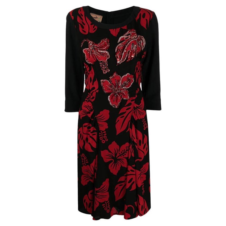 prada red flower dress Prada red floral crepe cady midi dress in red IT40