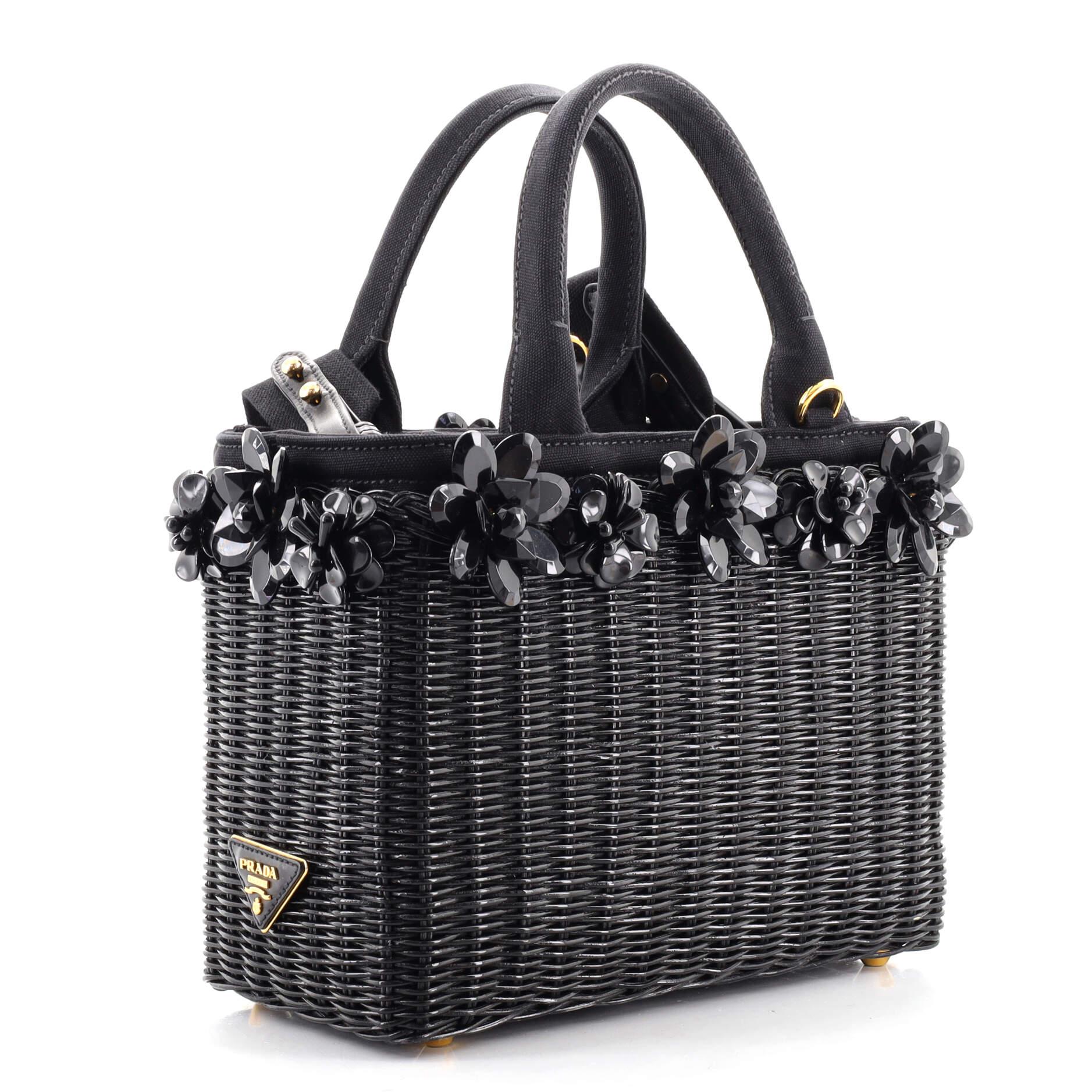 Black Prada Flower Basket Bag Wicker Small