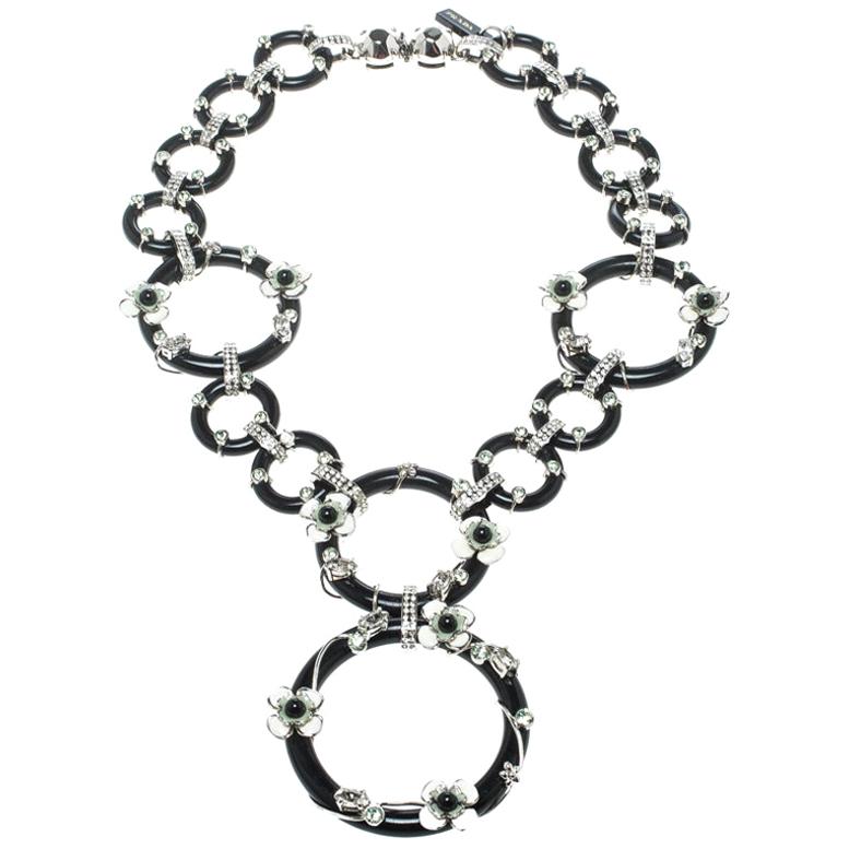 Prada Flower Power Black Plexiglas Crystal Floral Bedecked Link Necklace