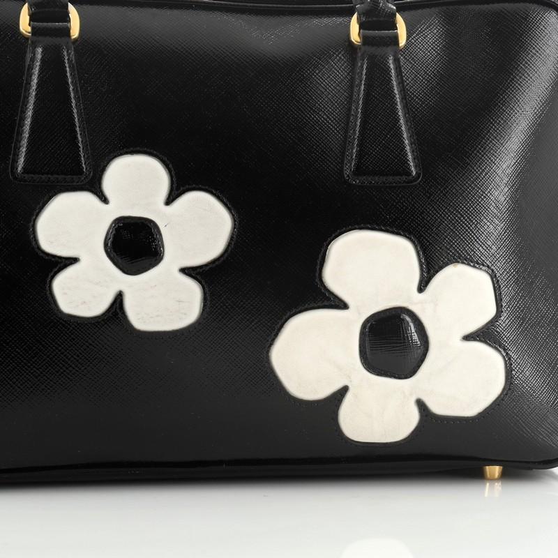 Black Prada Flowers Bauletto Bag Vernice Saffiano Leather Medium