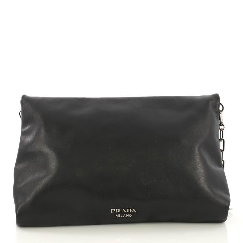 Black Prada Fold Over Chain Clutch Soft Calfskin Medium