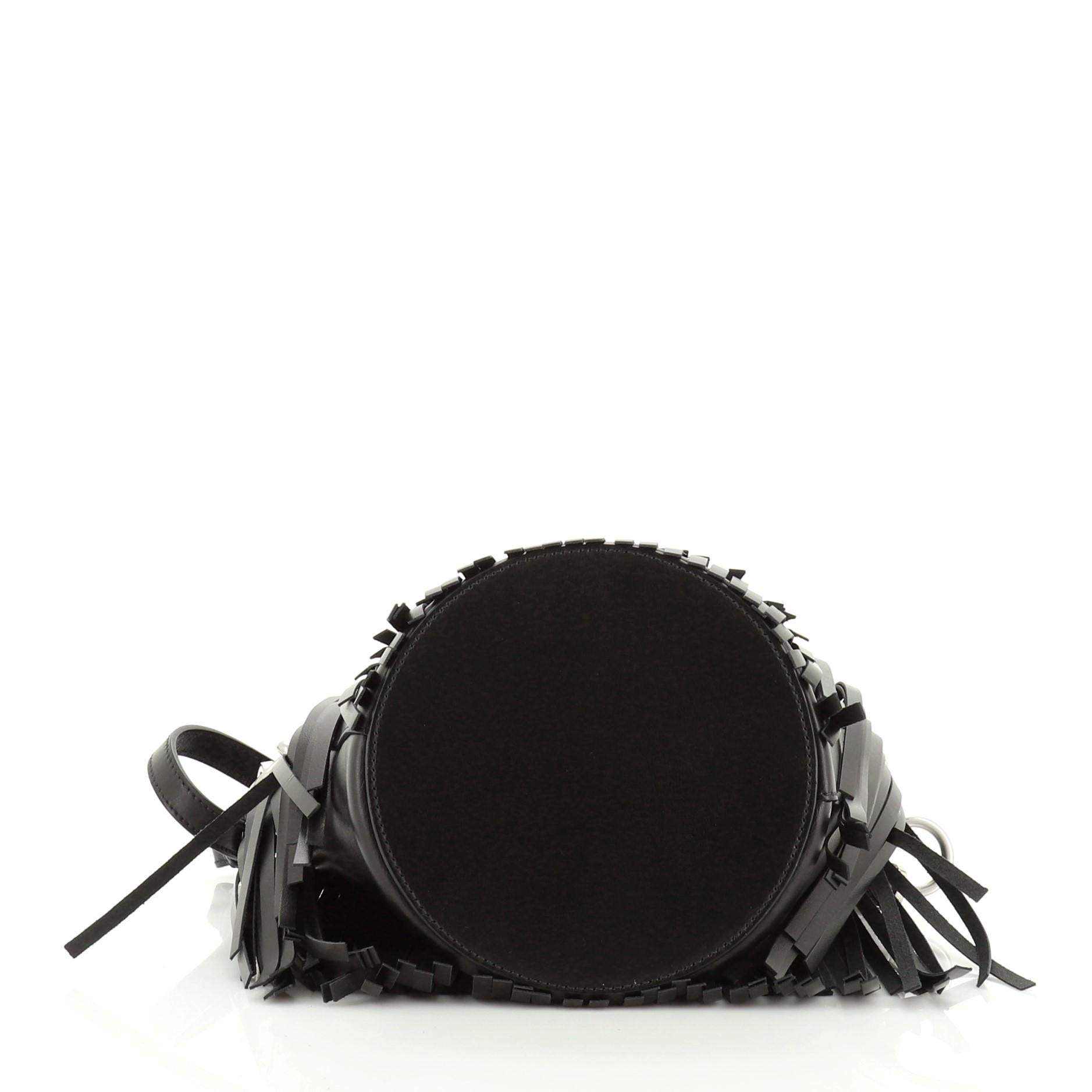 Black Prada Folk Bucket Bag Embellished City Calfskin with Fringe Medium