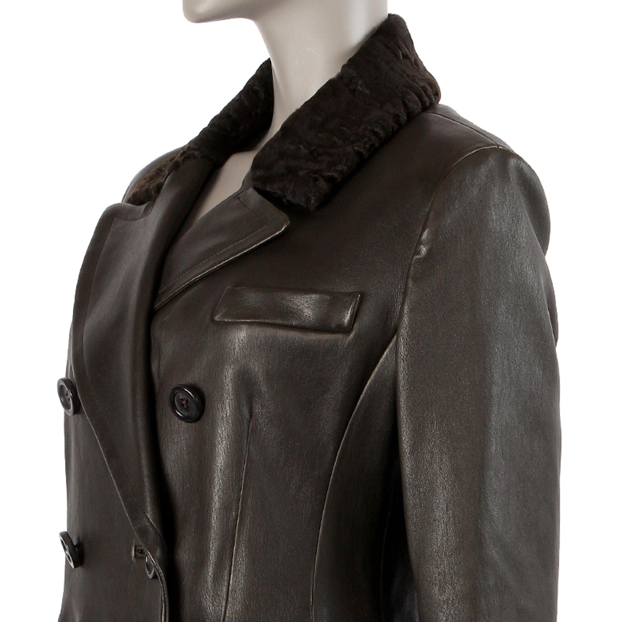 100% authentic Prada double-breasted coat in forest green lambskin with notch collar in dark brown Persian lamb fur, two front flap pockets, and chest pocket. Closes with dark brown brand buttons. Lined in olive green fabric. Has been worn and is in