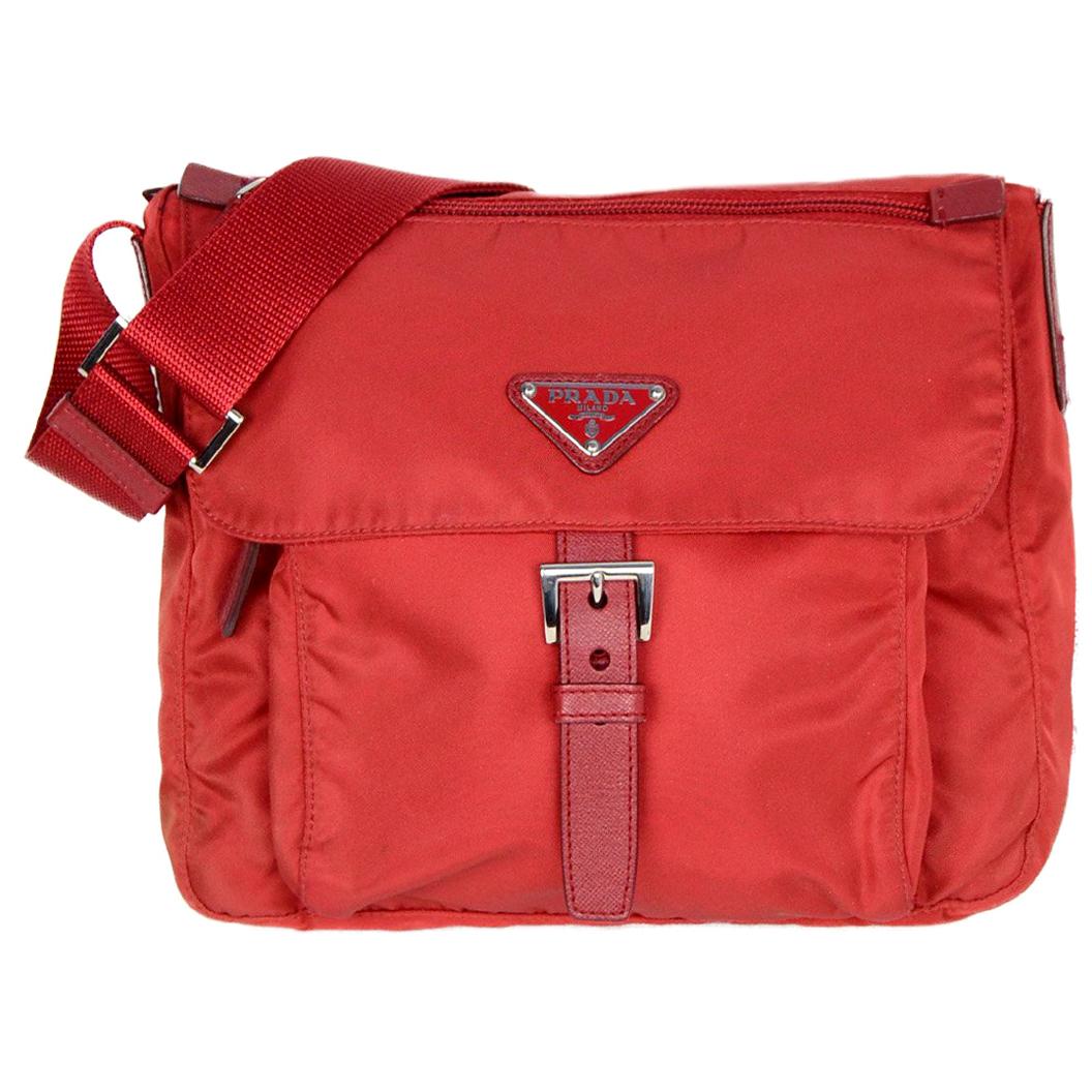 Prada Fouco Red Nylon Flap Buckle Messenger Bag BT8994 rt $990