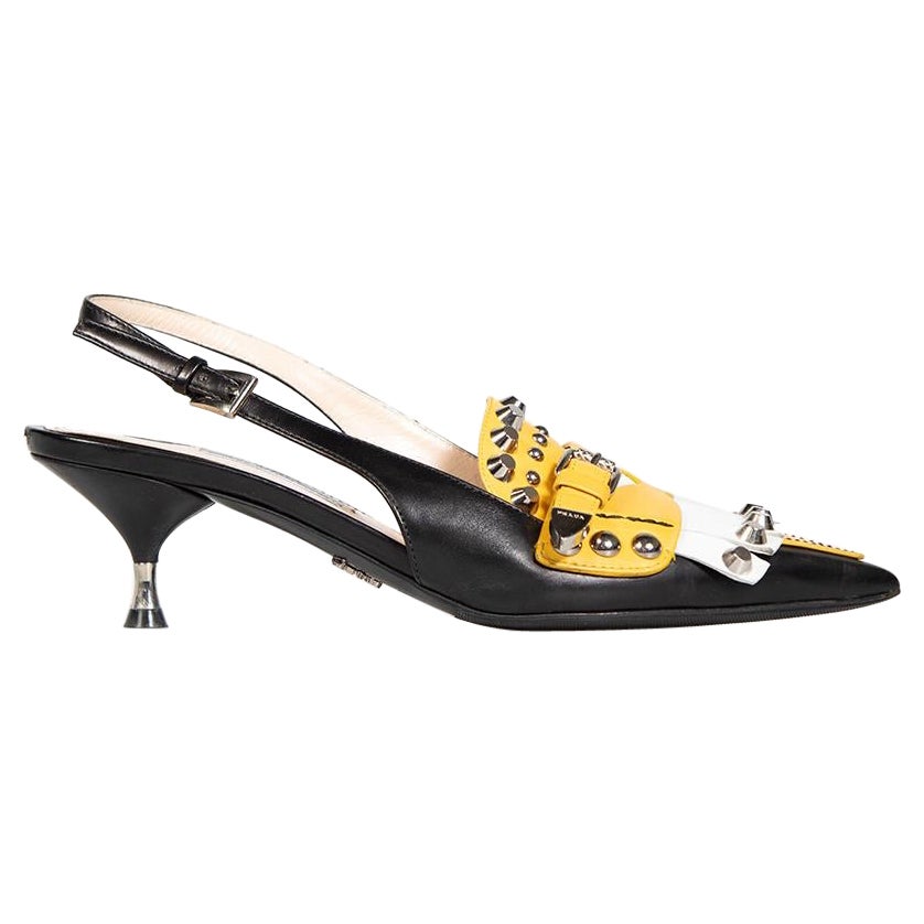 Prada Fringe Trimmed Leather Slingback Pumps Size IT 36