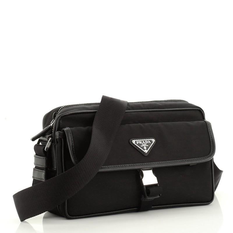 Black Prada Front Pocket Camera Bag Tessuto with Saffiano Medium
