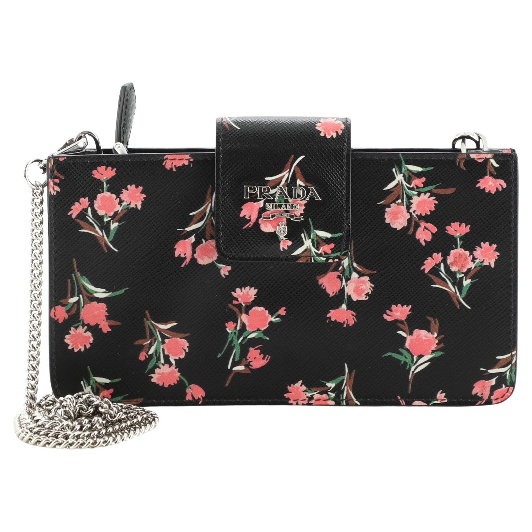 Prada Front Tab Chain Wallet Printed Saffiano Leather Mini