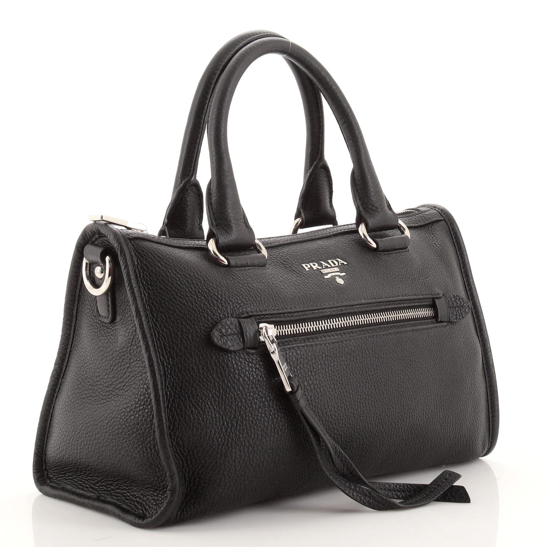 Black Prada Front Zip Convertible Satchel Vitello Phenix Small