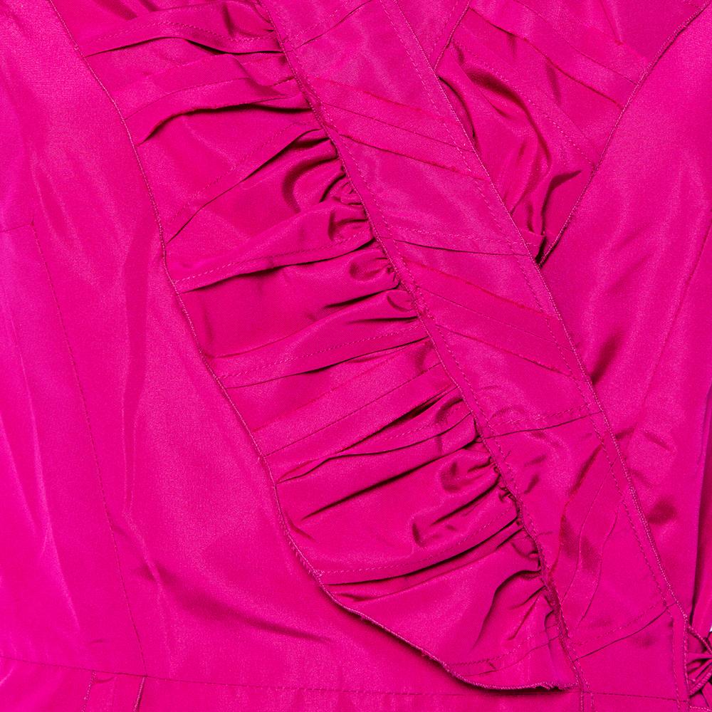 Prada Fuchsia Pink Silk Ruffled Mini Wrap Dress M In Good Condition In Dubai, Al Qouz 2