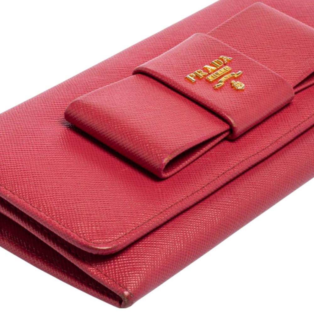Red Prada Fuchsia Saffiano Leather Bow Continental Wallet