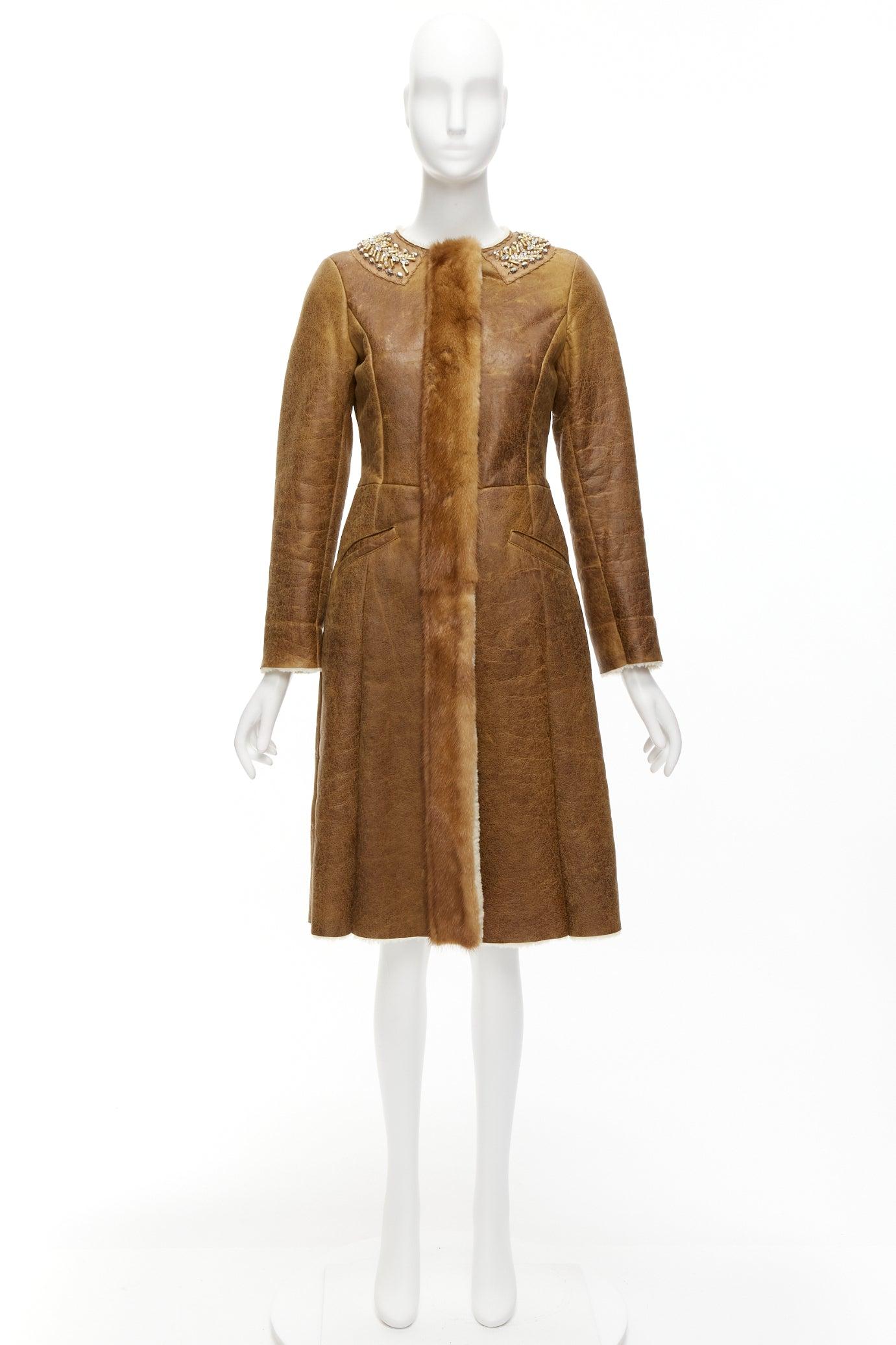 PRADA fur trimmed brown sheepskin shearing leather beading collar coat IT38 XS For Sale 6