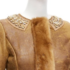 PRADA fur trimmed brown sheepskin shearing leather beading collar coat IT38 XS