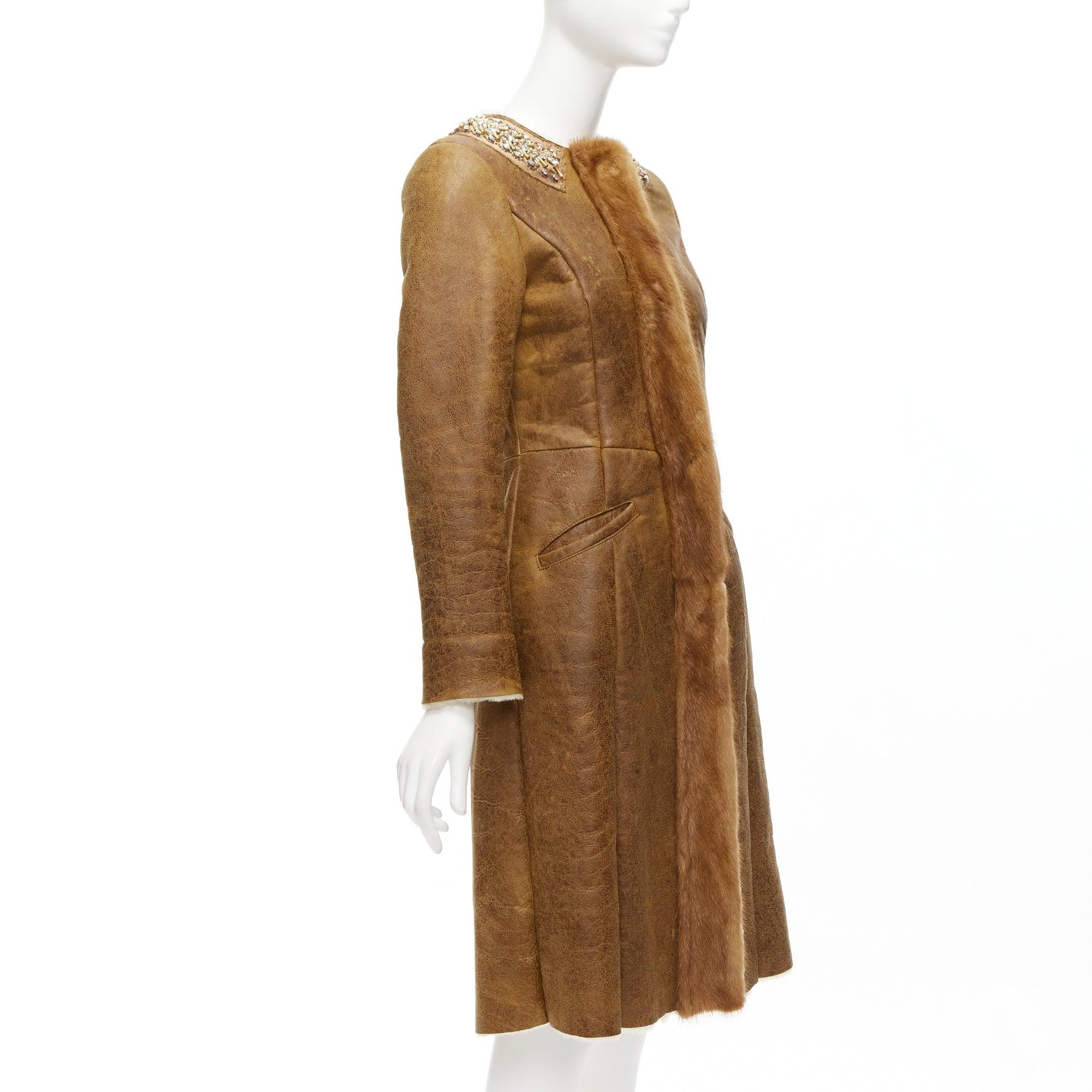 Women's PRADA fur trimmed brown sheepskin shearing leather beading collar coat IT38 XS