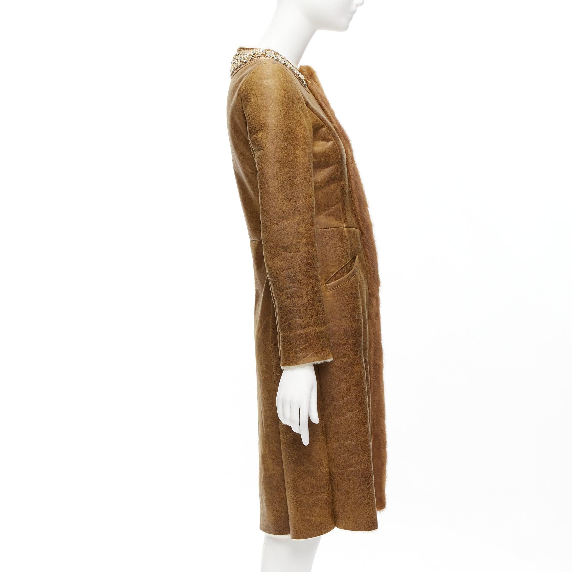 PRADA fur trimmed brown sheepskin shearing leather beading collar coat IT38 XS 1