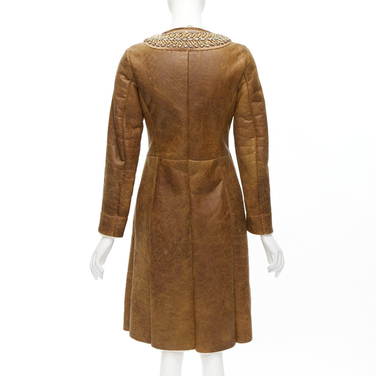 PRADA fur trimmed brown sheepskin shearing leather beading collar coat IT38 XS 2