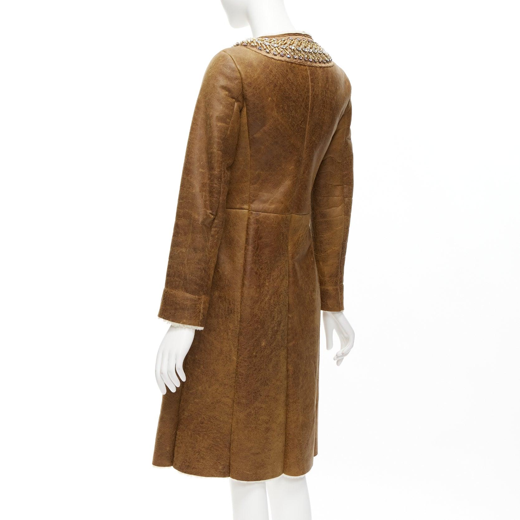 PRADA fur trimmed brown sheepskin shearing leather beading collar coat IT38 XS For Sale 3