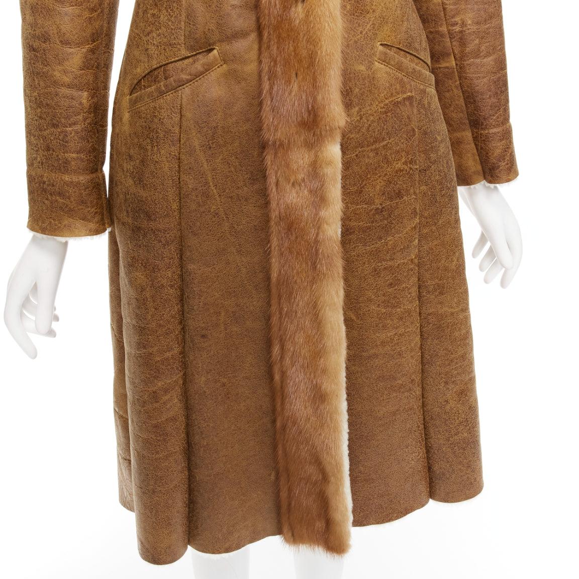 PRADA fur trimmed brown sheepskin shearing leather beading collar coat IT38 XS For Sale 4