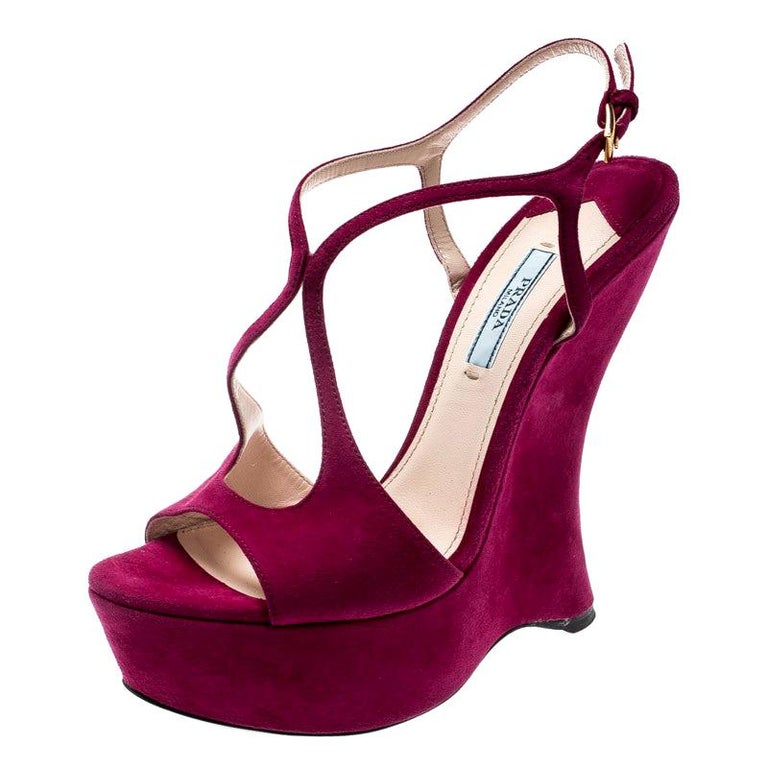 Prada Fuschia Pink Suede Leather Peep Toe Curved Heel Platform Sandals ...