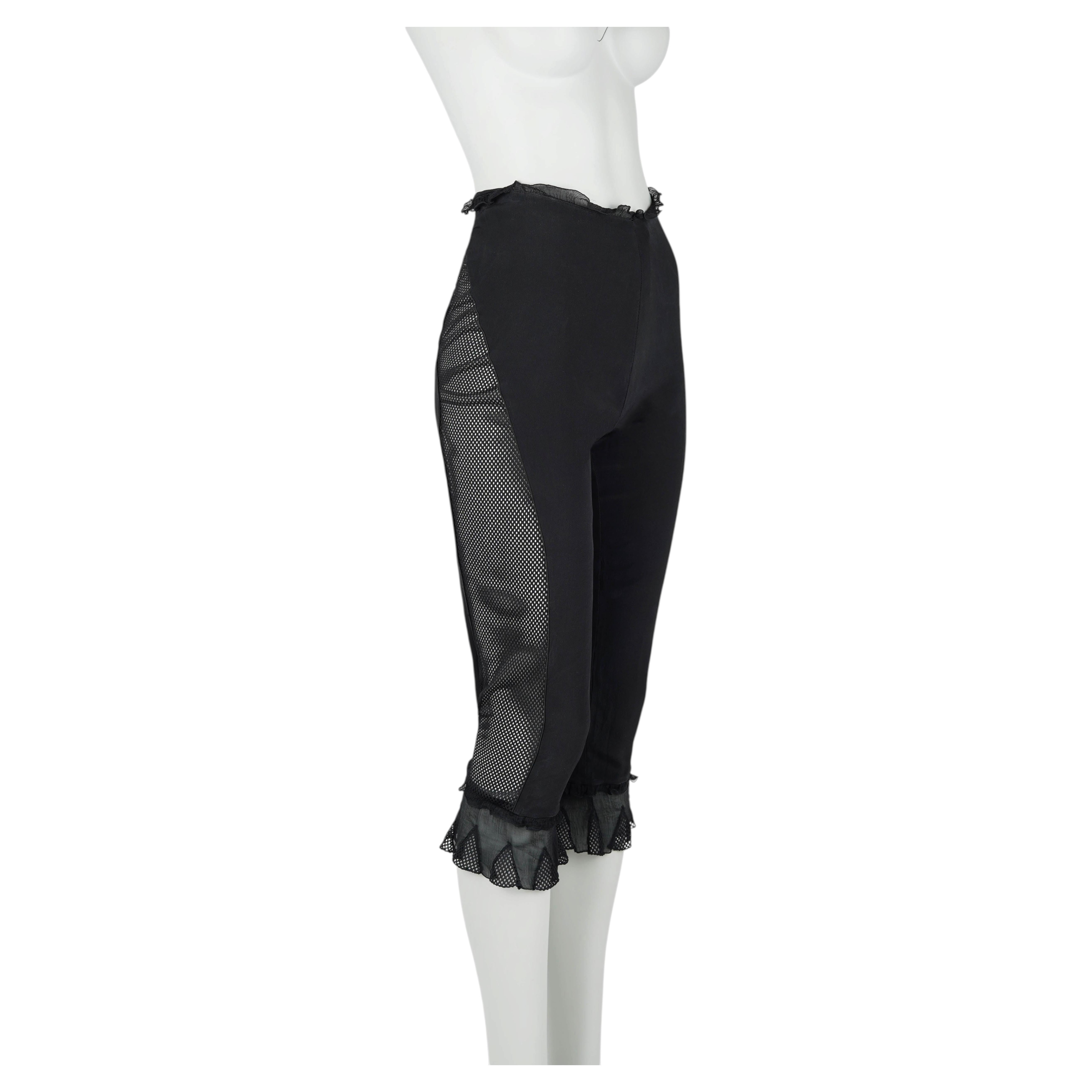 Prada FW 1999 Black Silk Mesh Panel Cropped Pants with Ruffle Trim, IT 46
