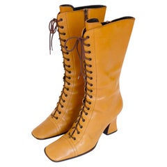 Prada FW2001 Tan Lace Up Square Toe Victorian Boots (37.5)