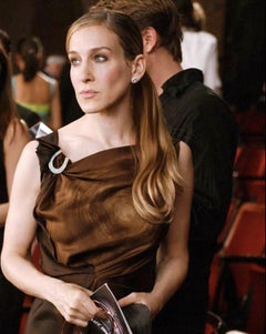 Prada FW2003 Brown Asymmetric Silk Swirl Midi Dress ASO Sex and The City (M)