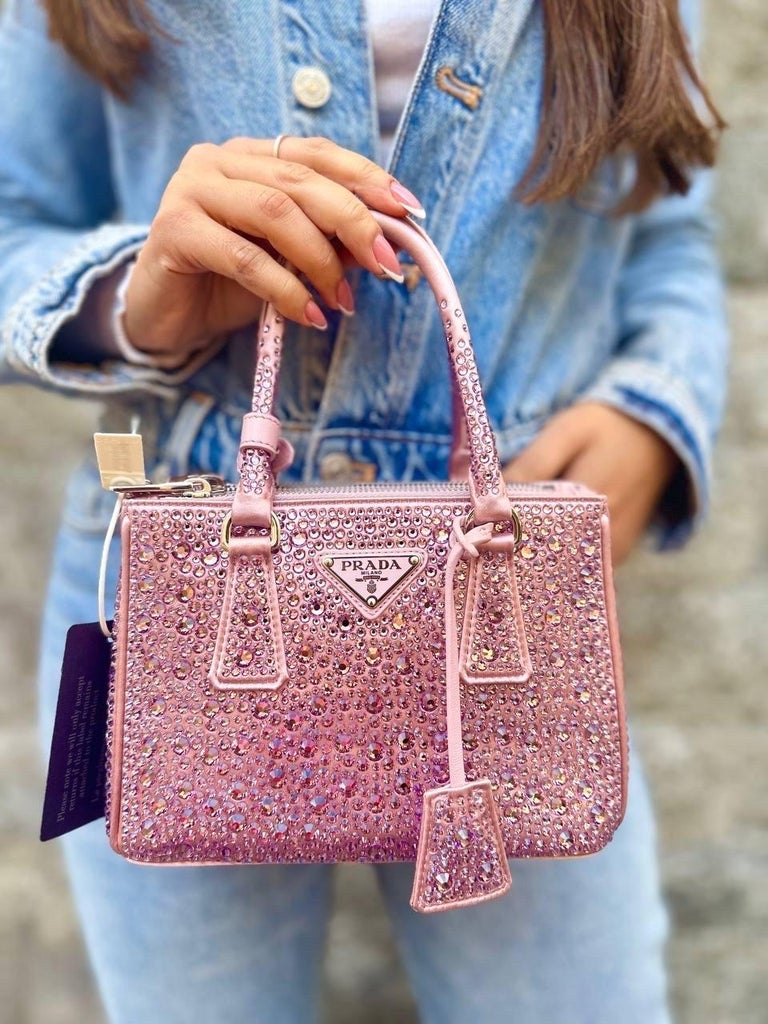 Prada galleria Mini Con Cristalli Rosa Raso e Pelle Borsa a Tracolla