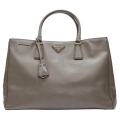 Used PRADA Galleria Saffiano elephant grey leather triangle logo satchel tote bag