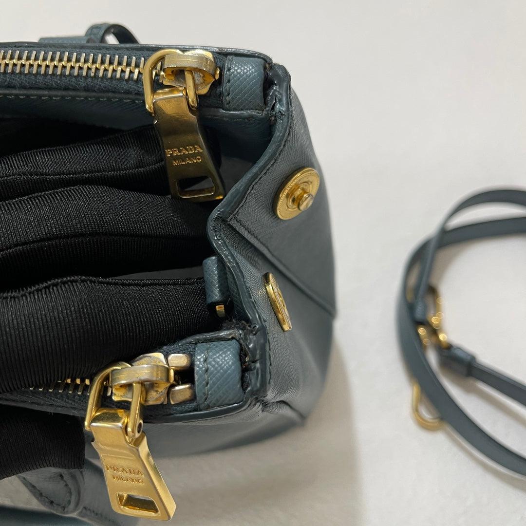 Prada Galleria Saffiano Leather Mini Grey Blue Handbag with Strap For Sale 7