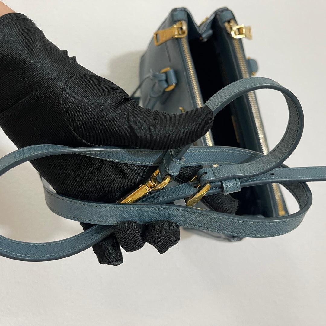 Prada Galleria Saffiano Leather Mini Grey Blue Handbag with Strap For Sale 9