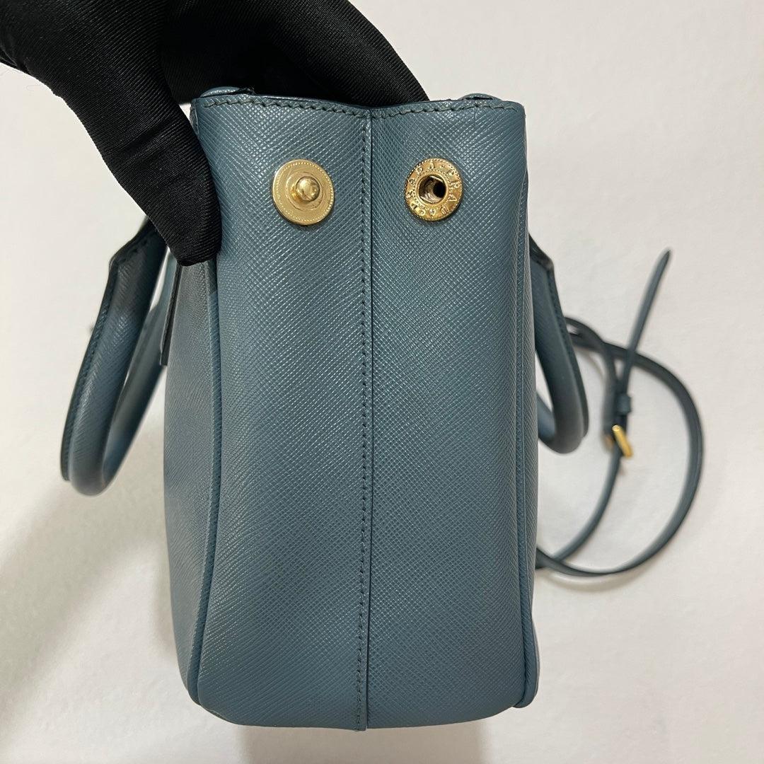 Prada Galleria Saffiano Leather Mini Grey Blue Handbag with Strap For Sale 1