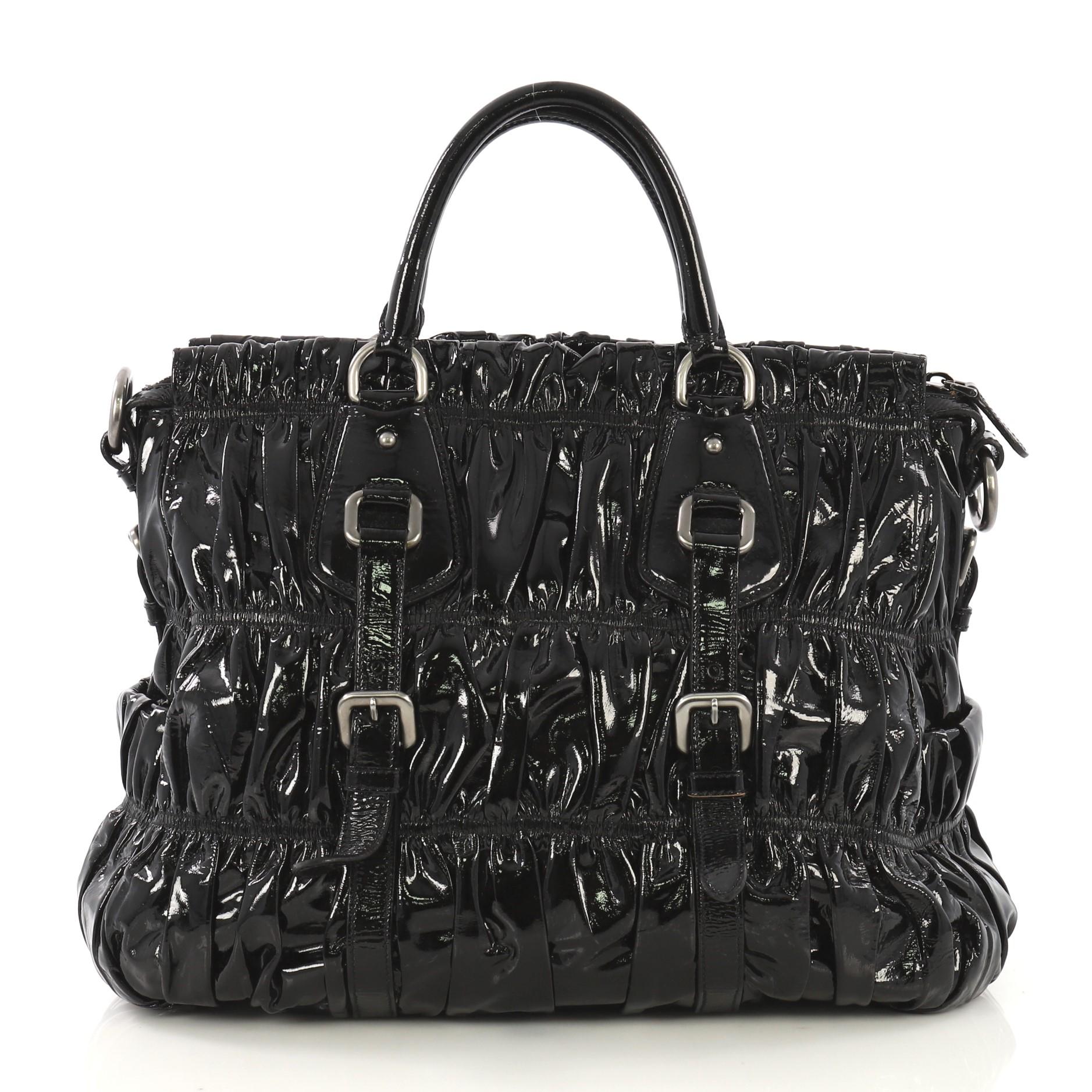 Black Prada Gaufre Convertible Tote Patent Medium