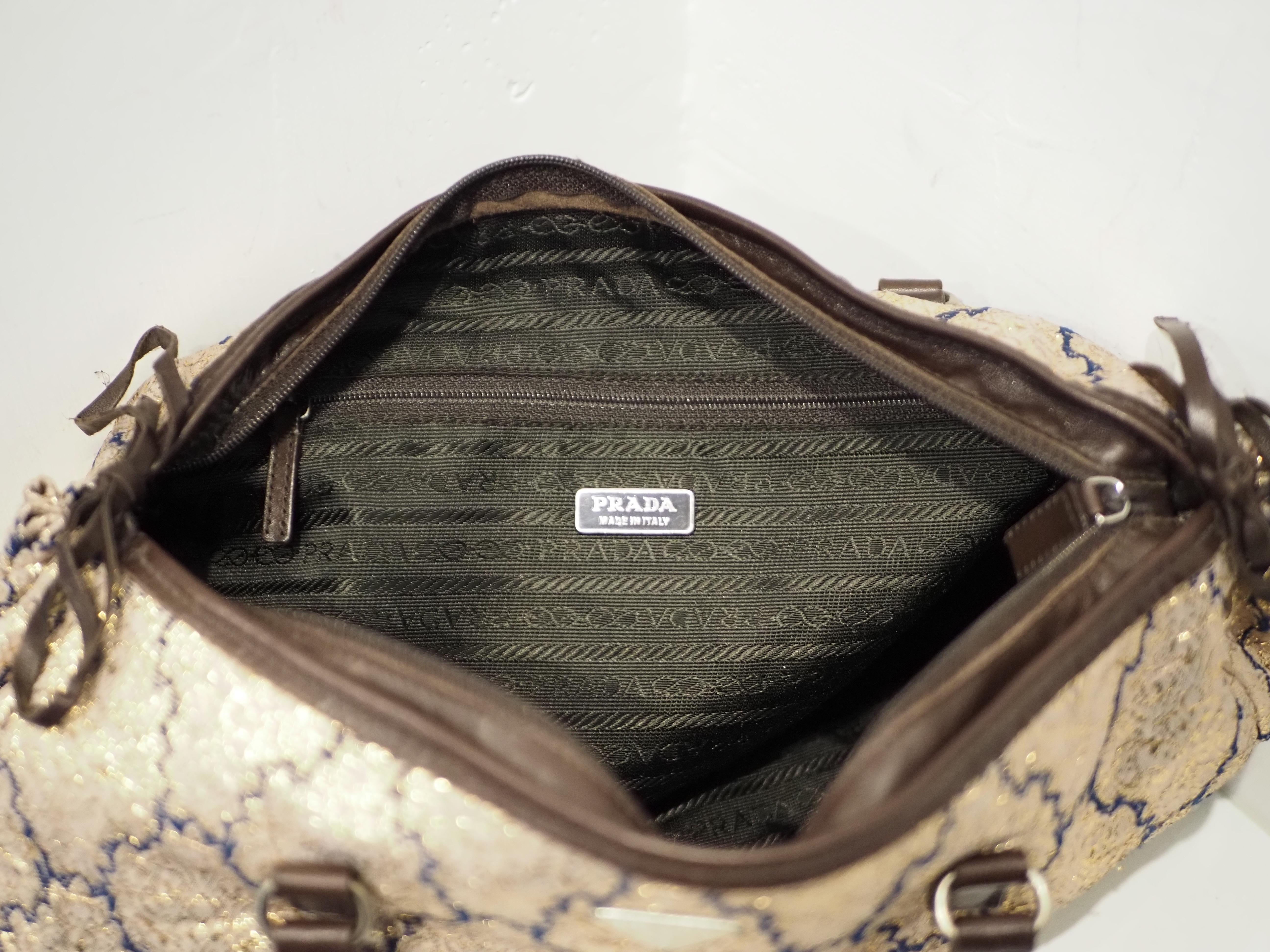 Prada gold and brown brocade handle bag For Sale 5