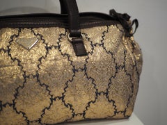 Prada Vintage Gold Brown Brocade Unisex Handle Bag Made in Italy