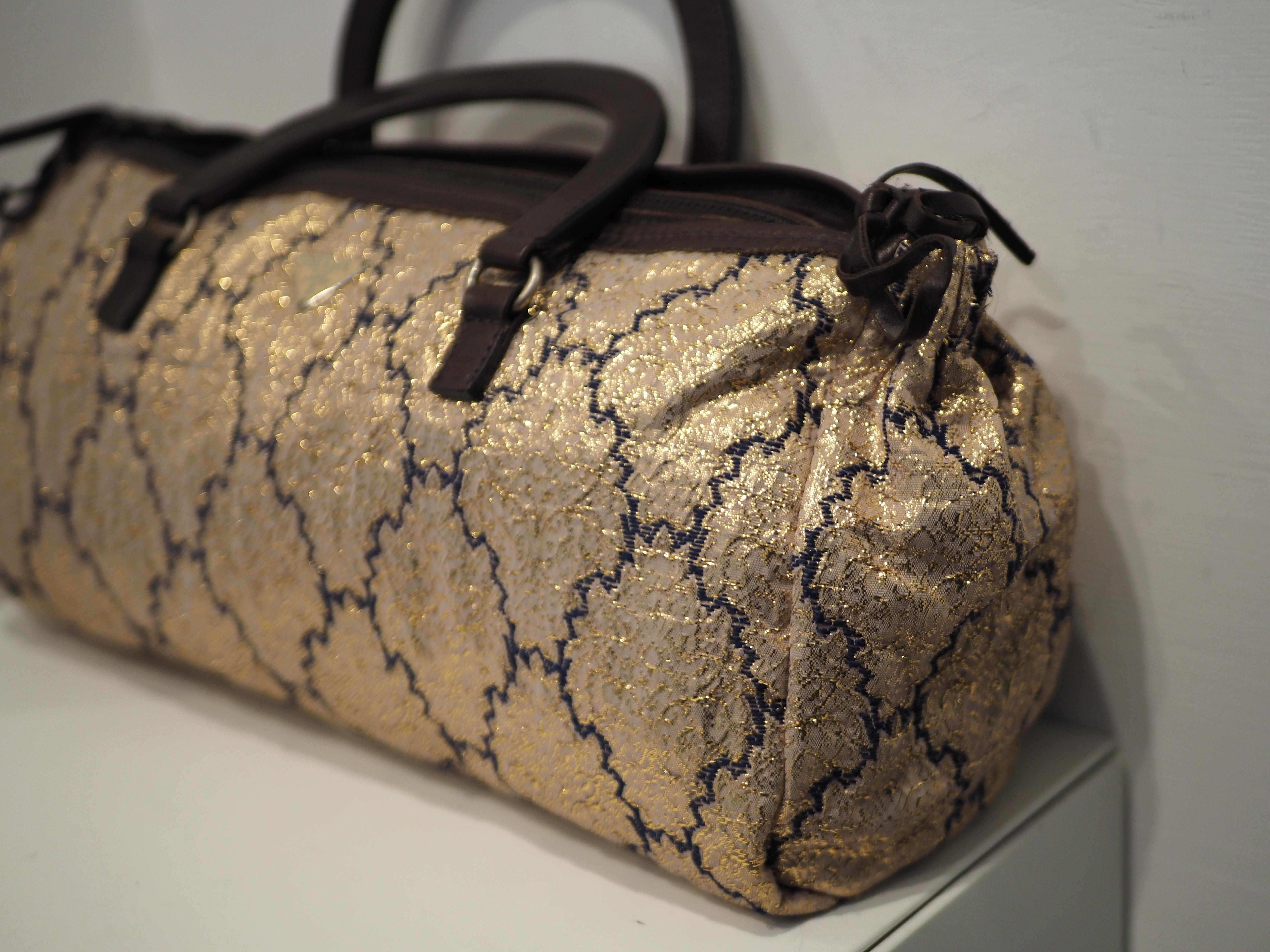Brown Prada gold and brown brocade handle bag For Sale