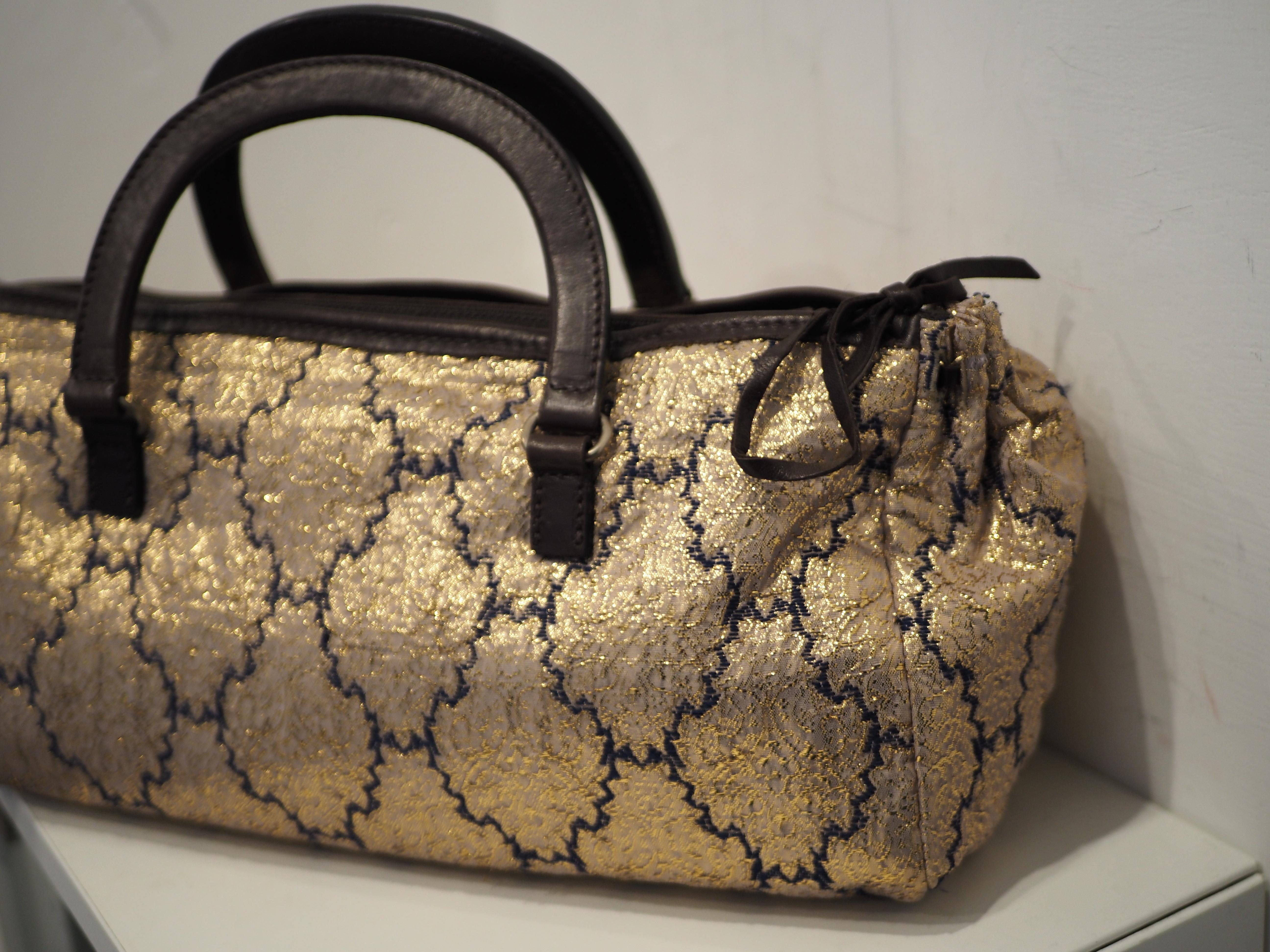 Women's or Men's Prada gold and brown brocade handle bag For Sale