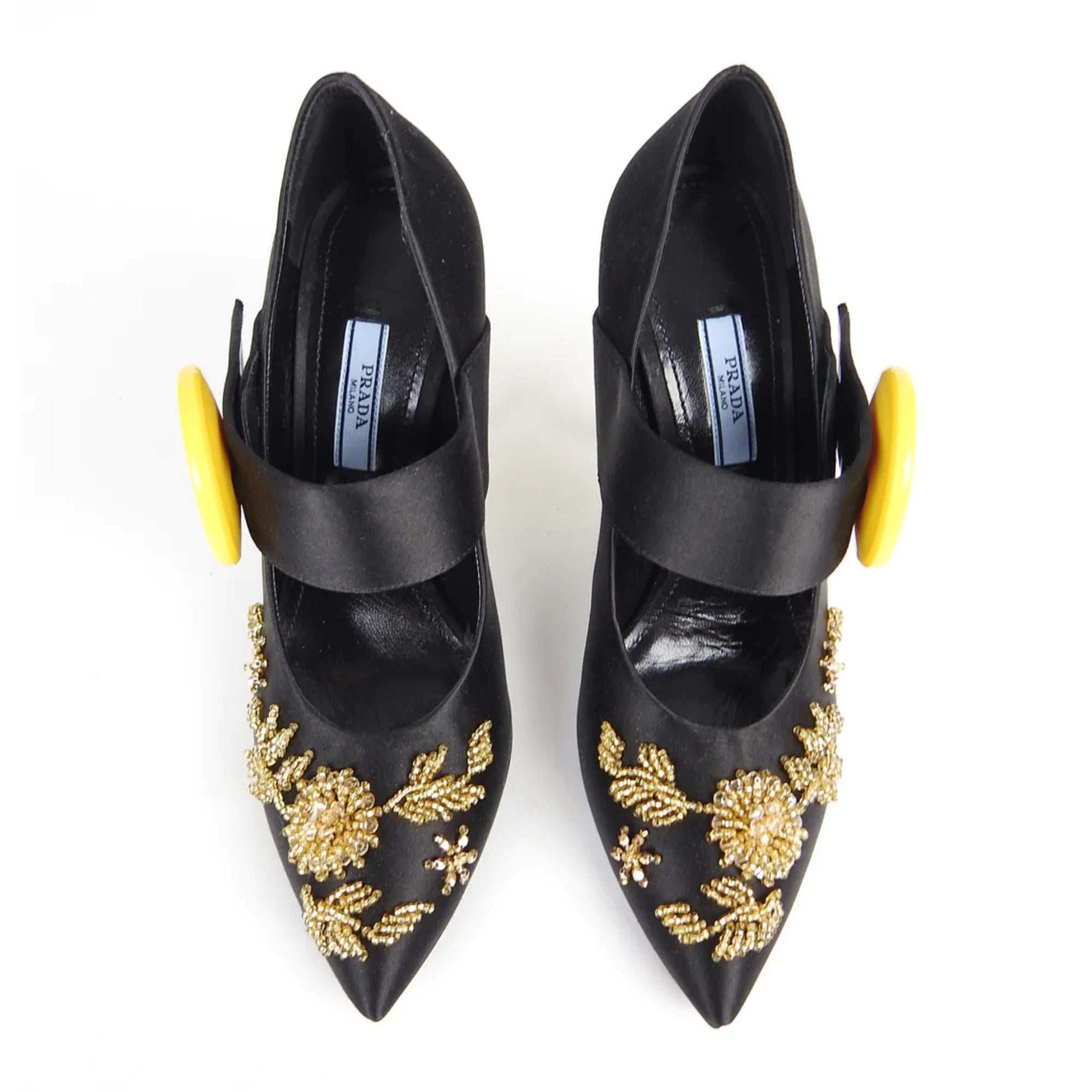 Women's or Men's Prada Gold Beads & Button Embellished Black Satin Heels (Us 6.5 37) For Sale