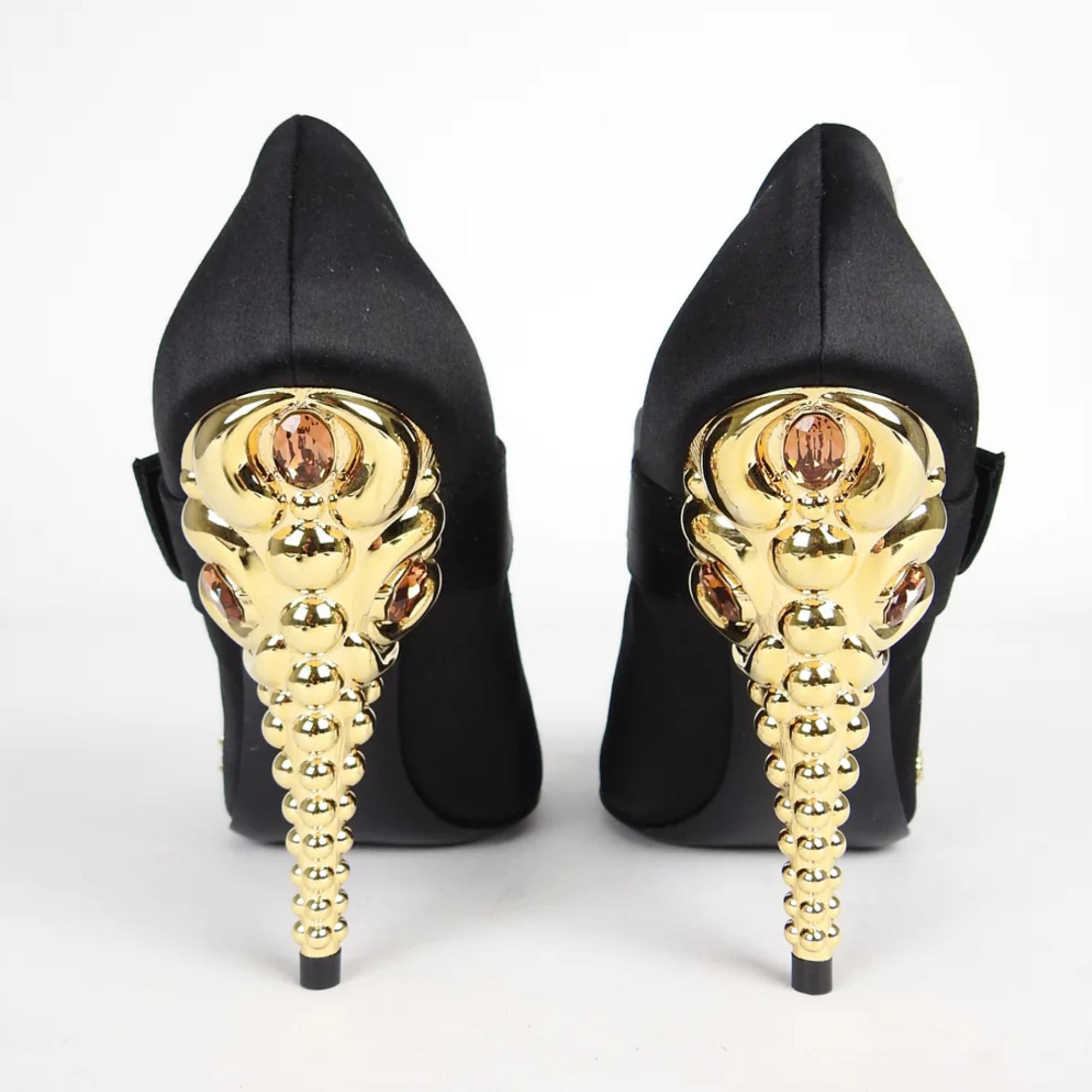 Prada Gold Beads & Button Embellished Black Satin Heels (Us 6.5 37) For Sale 1
