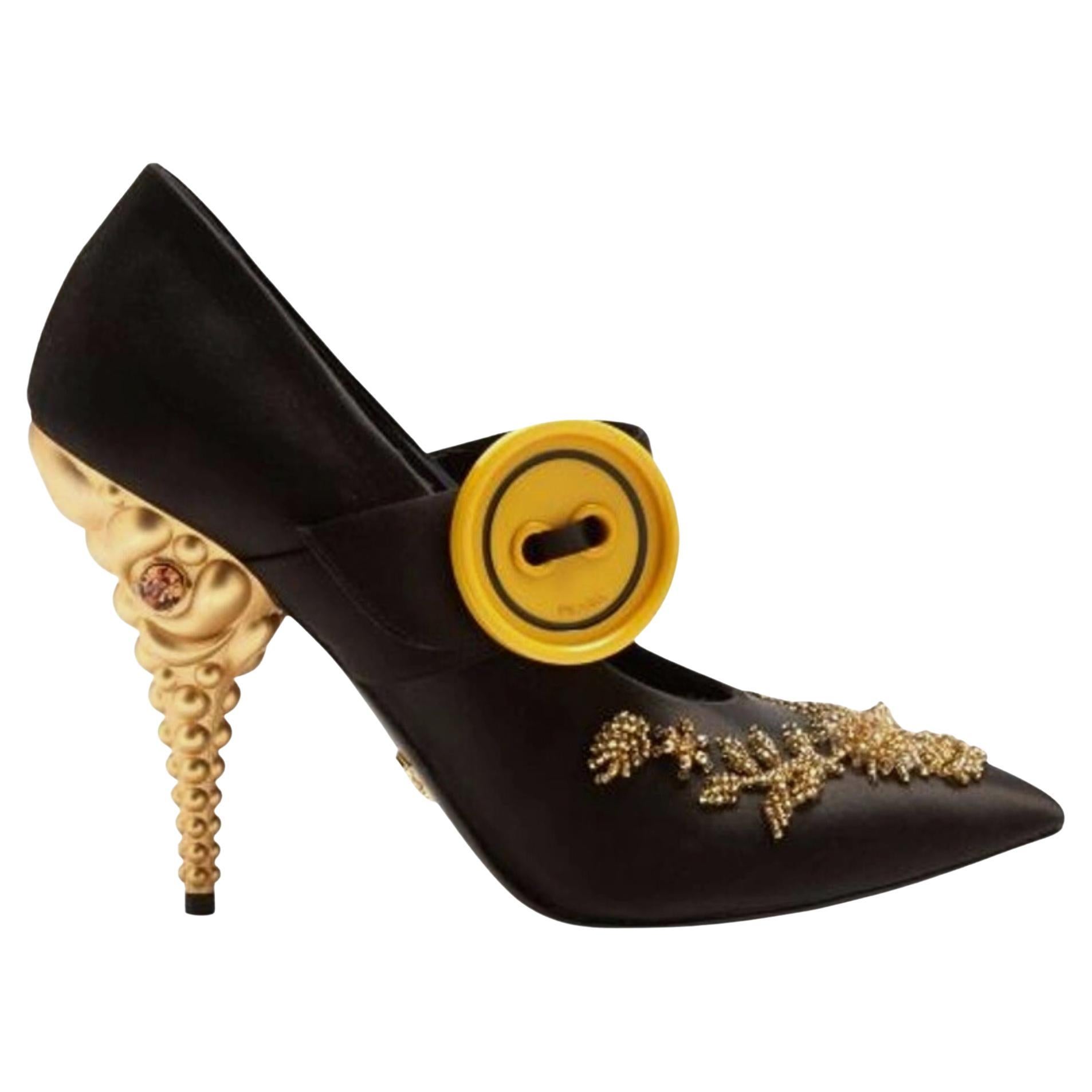 Prada Gold Beads & Button Embellished Black Satin Heels (Us 6.5 37) For Sale