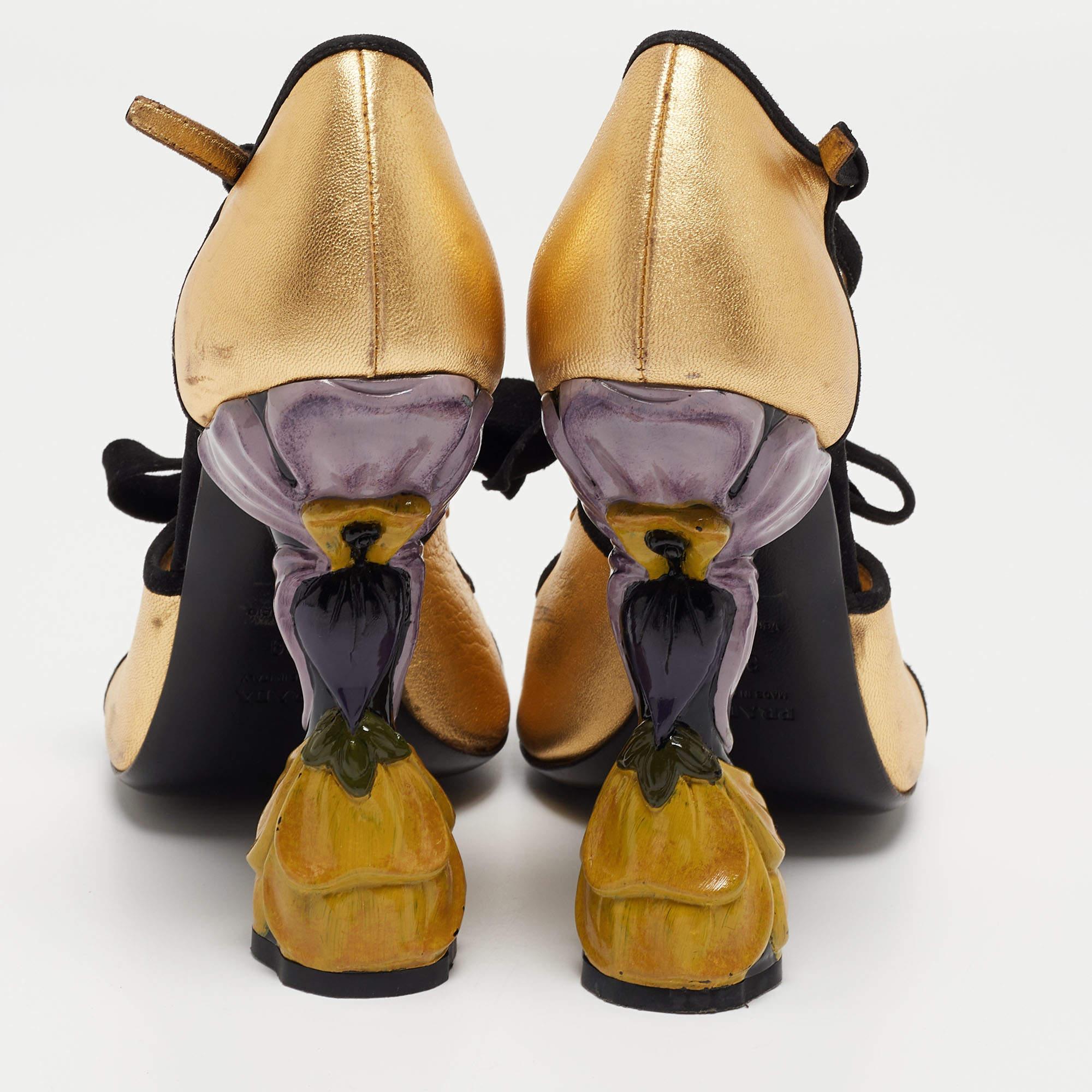Prada Gold/Black Leather and Suede Floral Ankle Strap Sandals Size 39 (Sandales à talons en cuir et en daim avec fleurs) 2